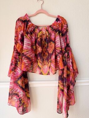 Love & Truth Crop Top Pink Orange Tie Dye Flowy Bell Sleeve Boho Festival L